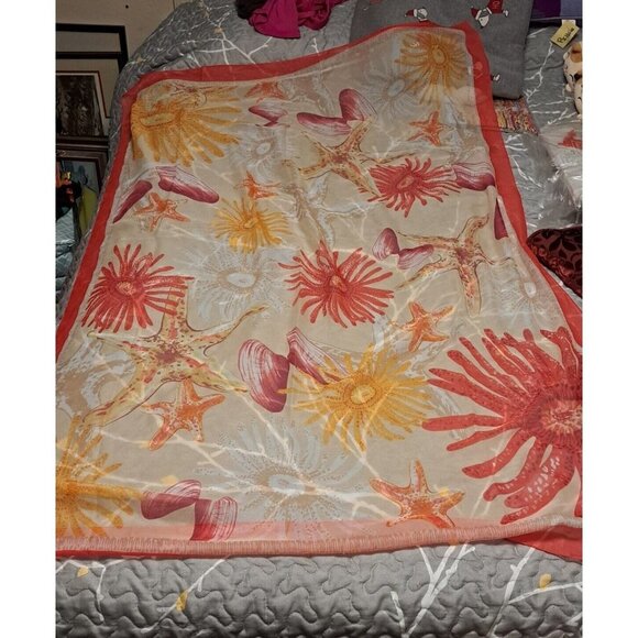 Vintage Sheer Poly Scarf Sarong From Italy 38" X 62" Red Orange White Yellow - Picture 2 of 4